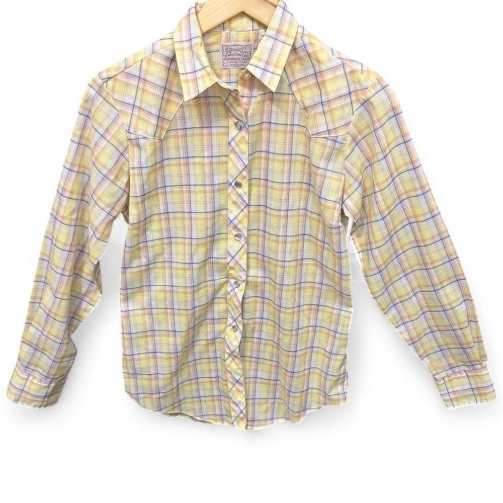 Vintage H Bar C Ranchwear Shirt Mens 34 Yellow Plaid Western Pearl Snap USA